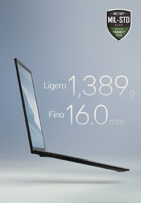 *La imagen muestra un portátil LG gram con el texto: «Ligero pero resistente» en la parte superior. Las especificaciones clave, «Ligero 1,460 g» y «Fino 16 mm», se destacan en el centro. En la esquina superior derecha aparece el logo MIL-STD, que subraya su resistencia.